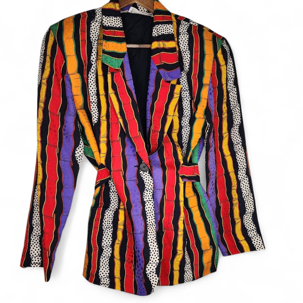 1980s Anne Klein II Vintage Abstract Stripe Tie Front Silk Blazer Jacket Size 4